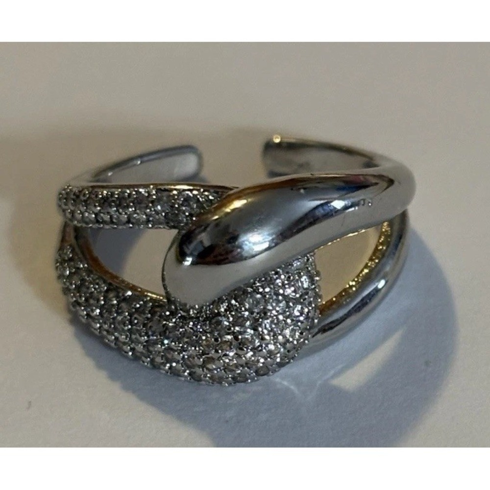 Women's Silver Tone Ring Band Crossover Knot W Crystals, Adjustable, Open Back 6